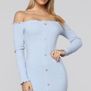 Jacklyn Off Shoulder Mini Dress in Dusty Blue
